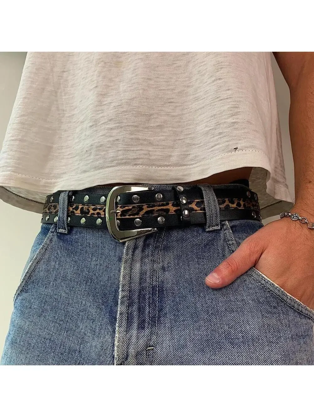 Cheetah print studded silver belt buckle belt. Punk gothic y2k style. 37 inches